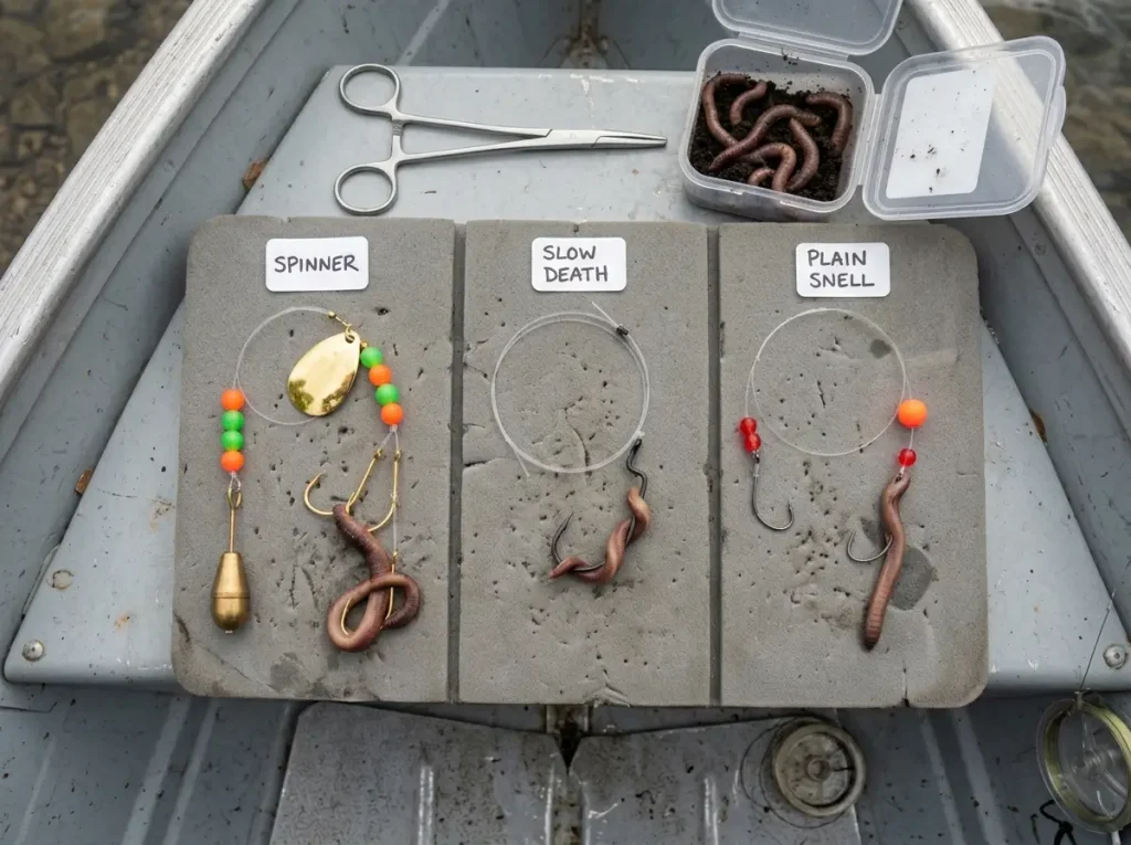 Three walleye bottom bouncer presentations side by side spinner harness slow death plain snell