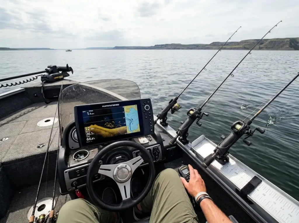 Fish finder screen showing bottom contour with bottom bouncer at 45 degree angle