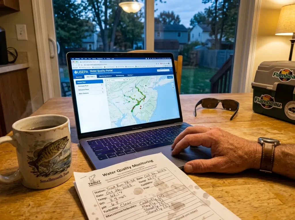 Laptop showing water quality data dashboard next to a filled-out stream survey form