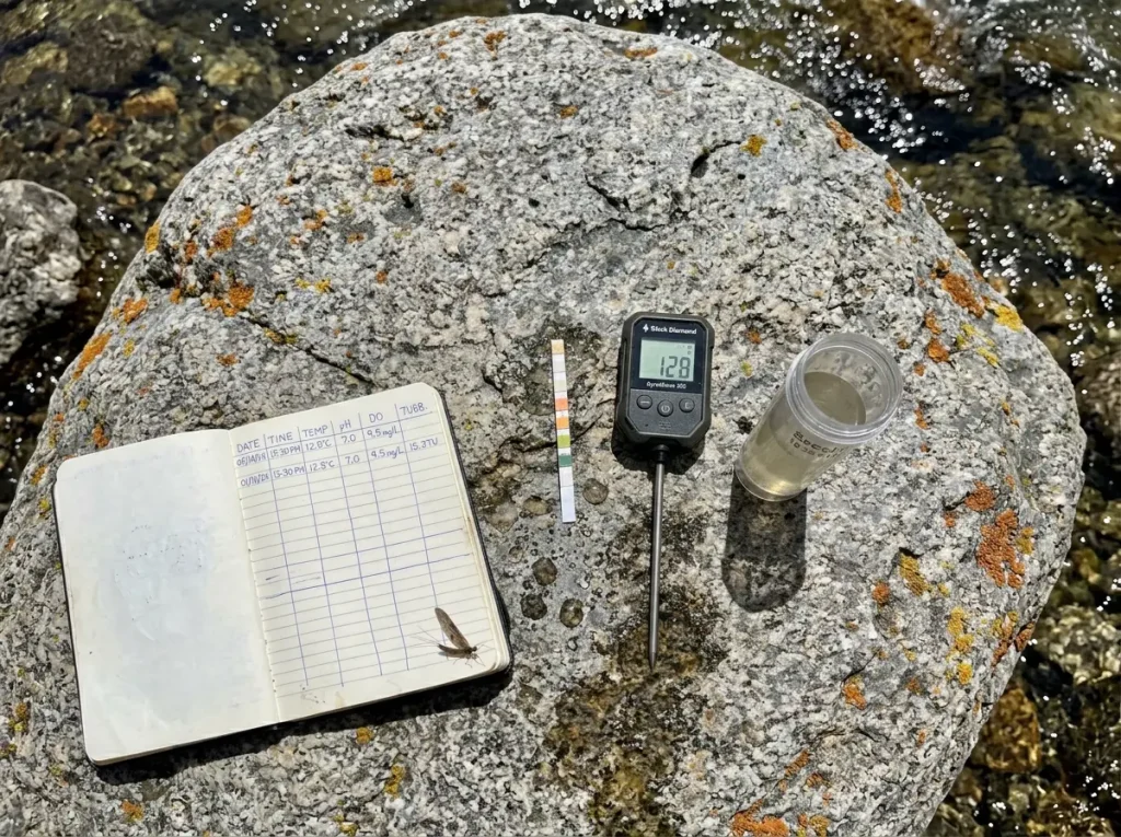 Water test strips and digital thermometer laid out on a flat rock beside a stream
