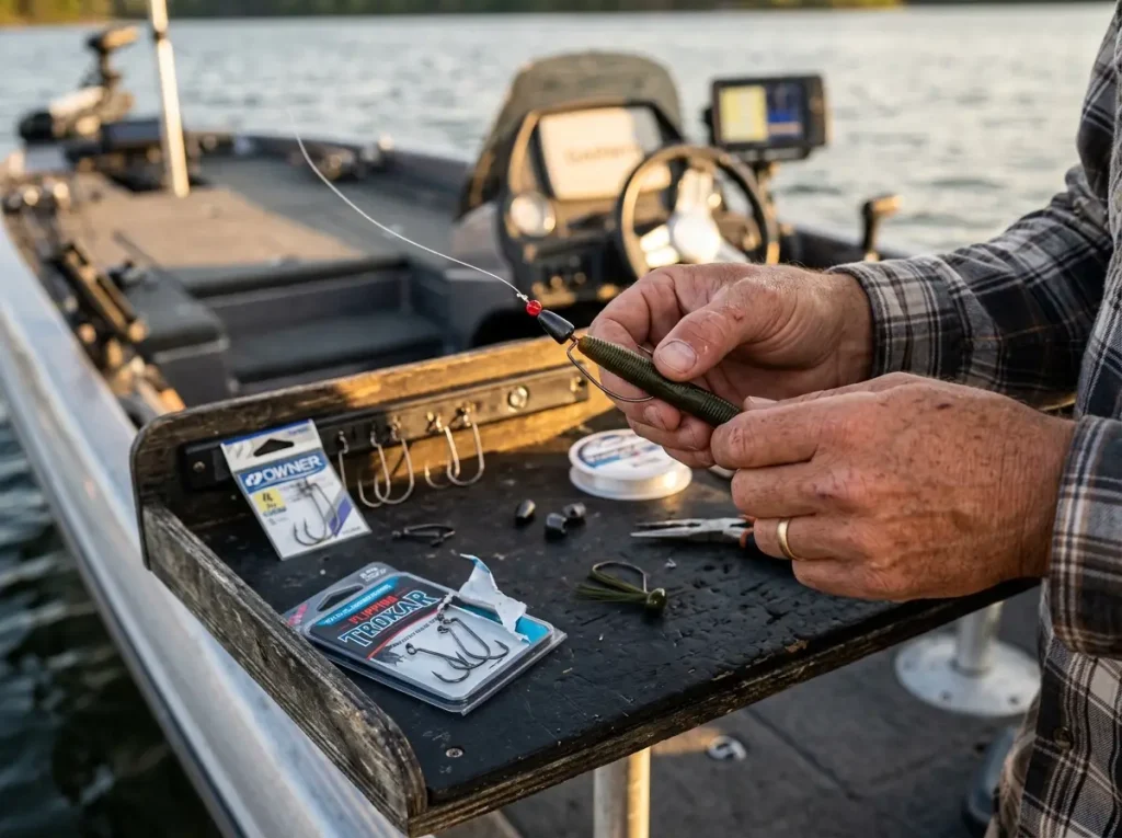 Weedless Texas rig setup with offset hook and bullet weight on tackle board