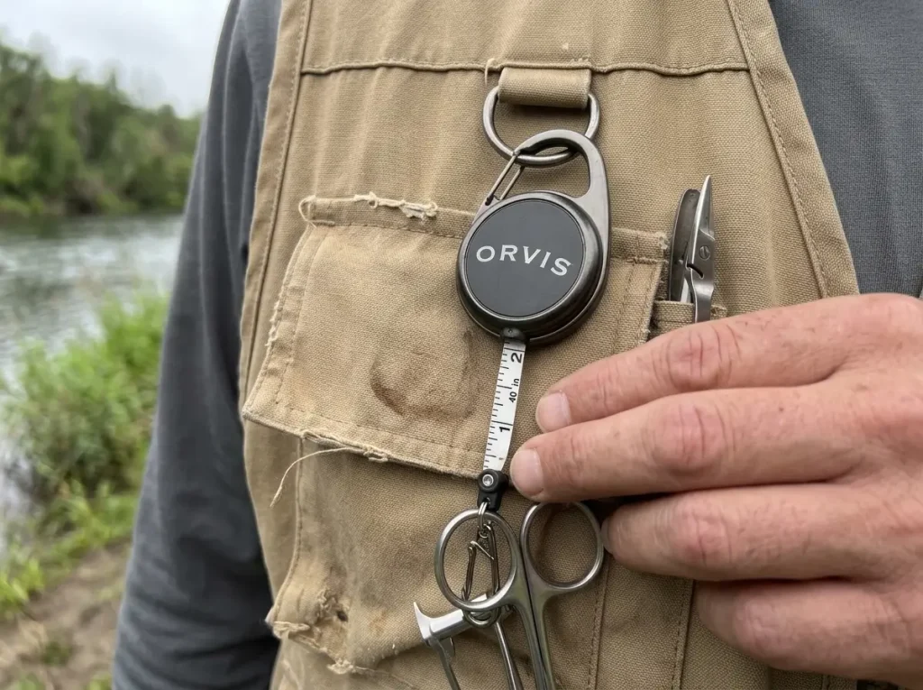 Close-up of a black nickel zinger retractor clipped to a fishing vest D-ring with forceps docked