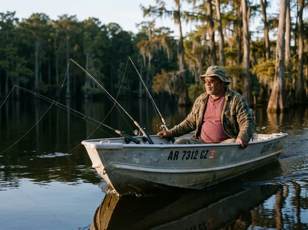 Two crappie anglers slow-trolling a flat reservoir at dawn with rods fanned off the bow in classic spider rig formation