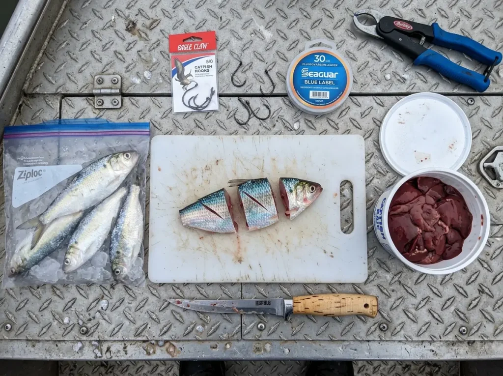 Winter catfish bait spread including cut shad skipjack and chicken livers on boat deck