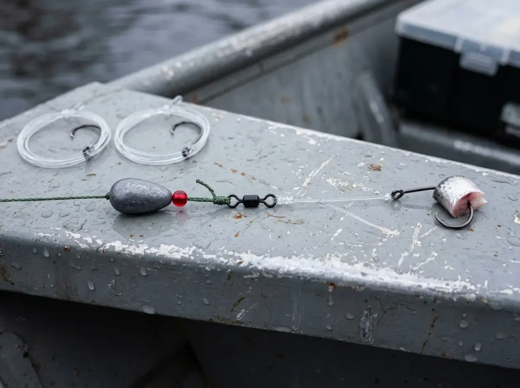 Close-up of winter catfish Carolina rig with short leader circle hook and egg sinker on boat gunwale