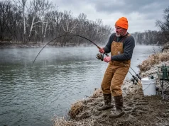 Winter Catfish Still Bite — Deep Hole Tactics That Prove It Angler fighting a catfish from a river bank on a cold winter morning with frost on the ground