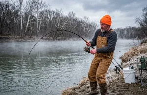 Winter Catfish Still Bite — Deep Hole Tactics That Prove It Angler fighting a catfish from a river bank on a cold winter morning with frost on the ground