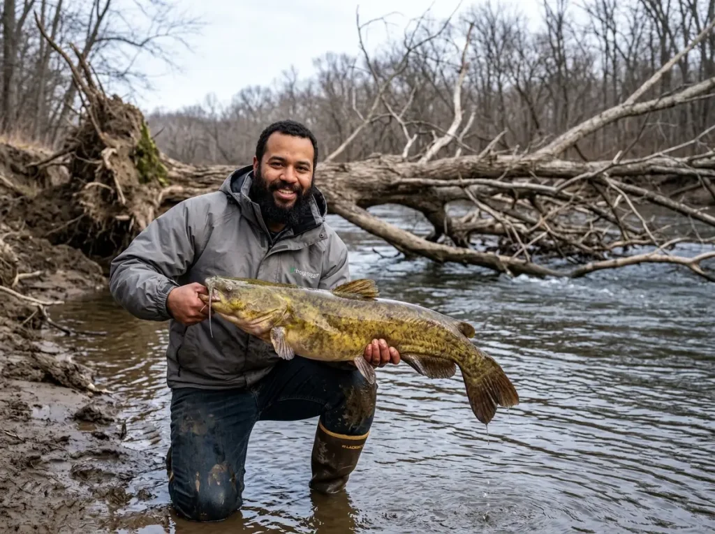 Angler holding a winter flathead catfish caught near a blowdown tree on a cold river