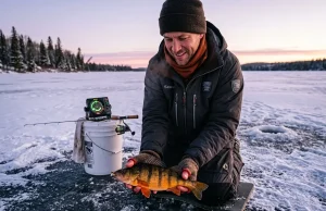 7 Yellow Perch Ice Fishing Tips Guides Use Daily Angler holding a jumbo yellow perch over an ice fishing hole on a frozen lake