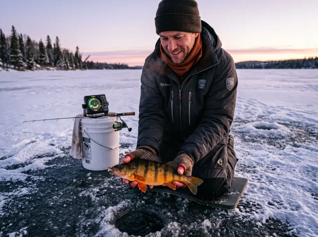 yellow-perch-ice-fishing-hero Angler holding a jumbo yellow perch over an ice fishing hole on a frozen lake