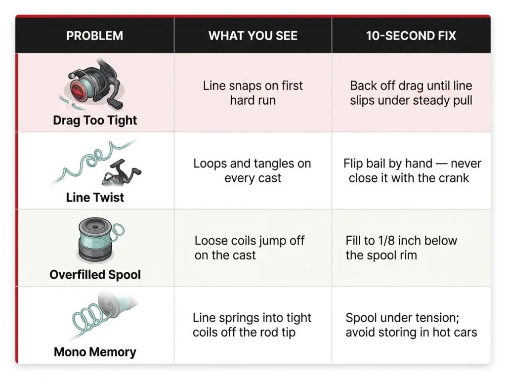 Infographic showing 4 common beginner fishing problems with visible symptoms and 10-second fixes in a Problem, What You See, Fix table