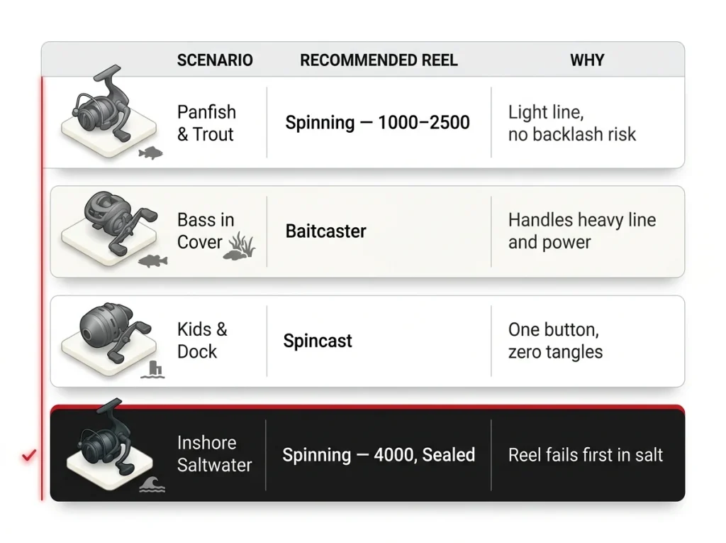 Comparison table showing recommended reel type and spinning size for panfish, bass in cover, kids, and saltwater anglers