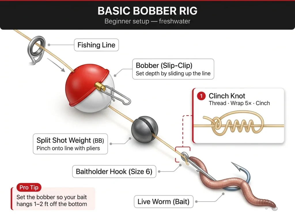 Diagram showing a basic bobber and split-shot fishing rig with labeled components and a clinch knot callout panel