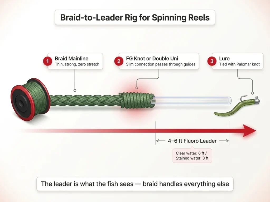 Diagram of braid-to-leader spinning rig showing mainline, FG knot connection, 4–6 ft fluoro leader, and lure with labeled callouts