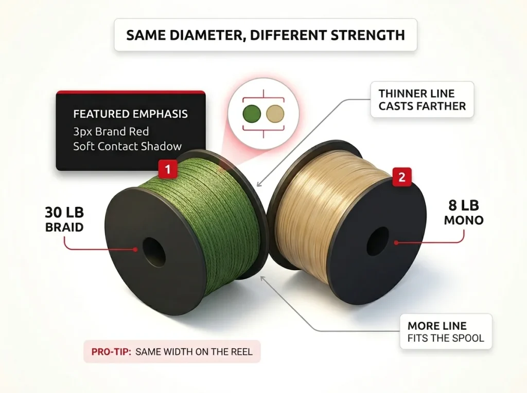 Comparison infographic showing 30-pound braid beside 8-pound mono at equal diameter with casting distance and capacity callouts