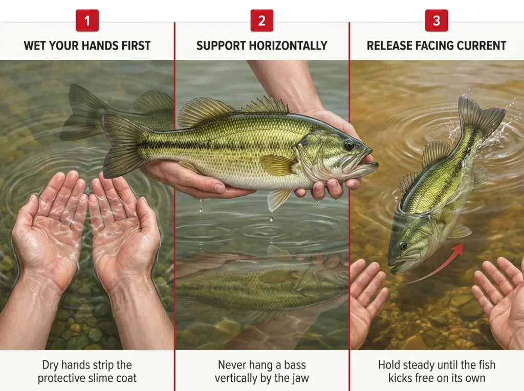 Infographic showing 3-step catch and release technique with wet hands, horizontal fish support, and fish swimming free with conservation labels