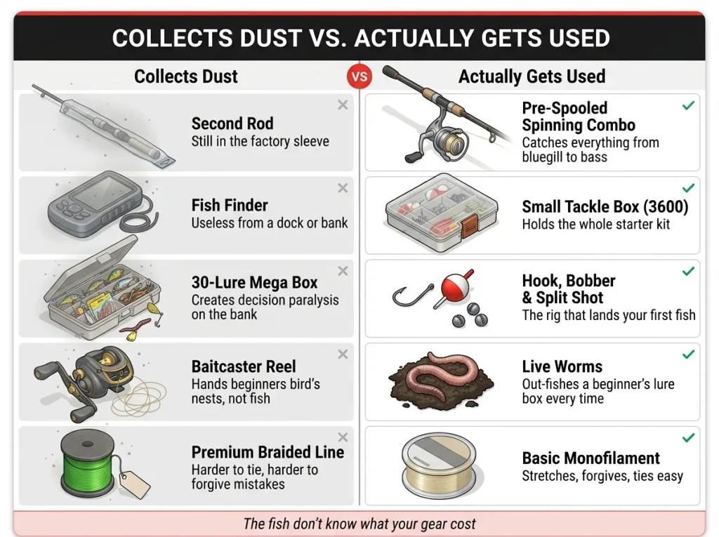 Two-column comparison infographic showing beginner fishing gear overbuys that collect dust versus the simple kit that actually catches fish