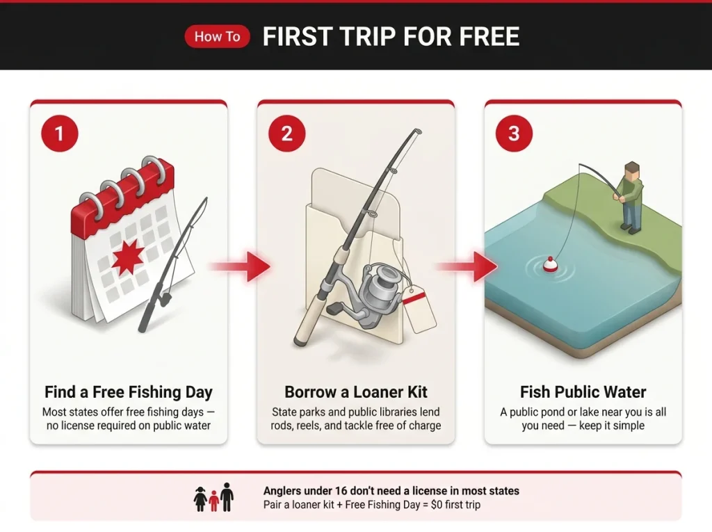 Infographic showing 3 steps to fish for free — Free Fishing Day, loaner kit, public water — with under-16 no-license note