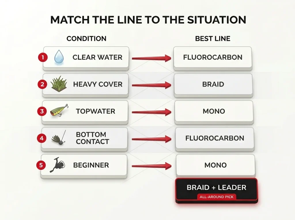 Decision-matrix infographic matching fishing conditions to braid, fluoro, mono, or braid-plus-leader as the all-around pick