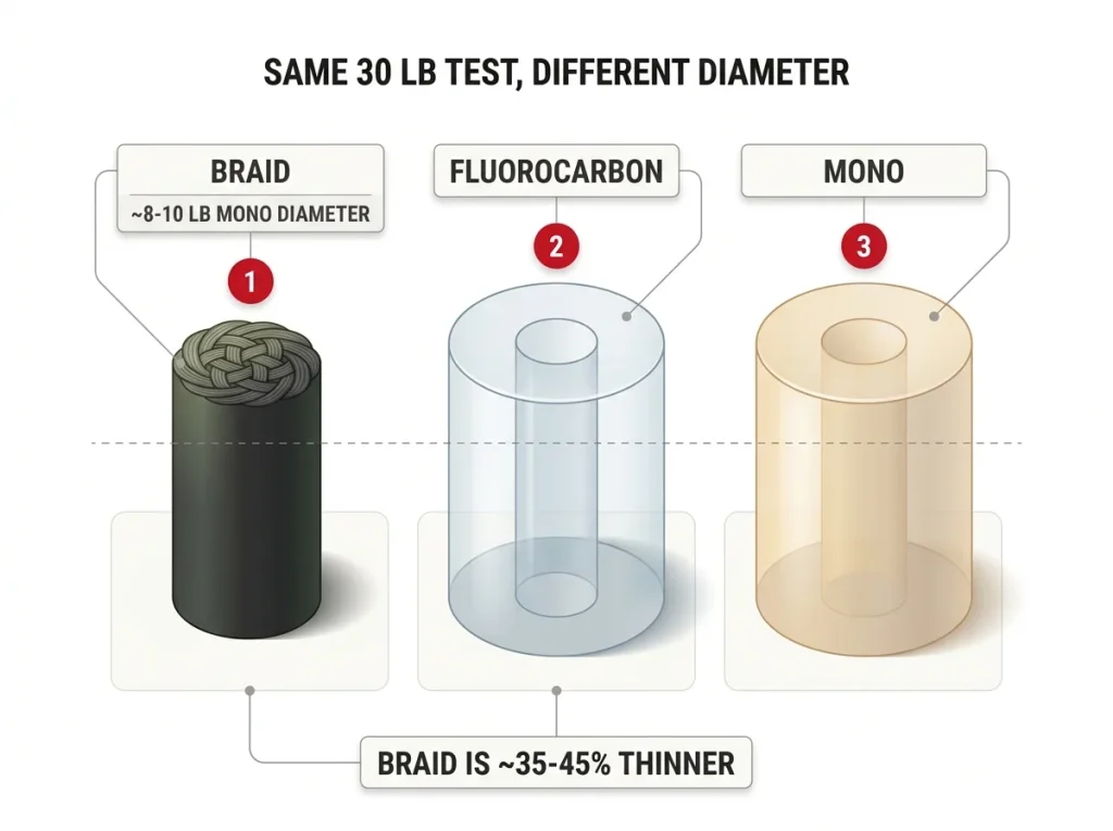 Comparison infographic showing braid, fluorocarbon, and mono cross-sections at 30 lb test with labeled diameter differences