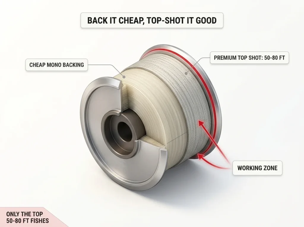 Cutaway infographic of a fishing reel spool showing cheap mono backing on the arbor and a premium braid top shot with the working zone labeled