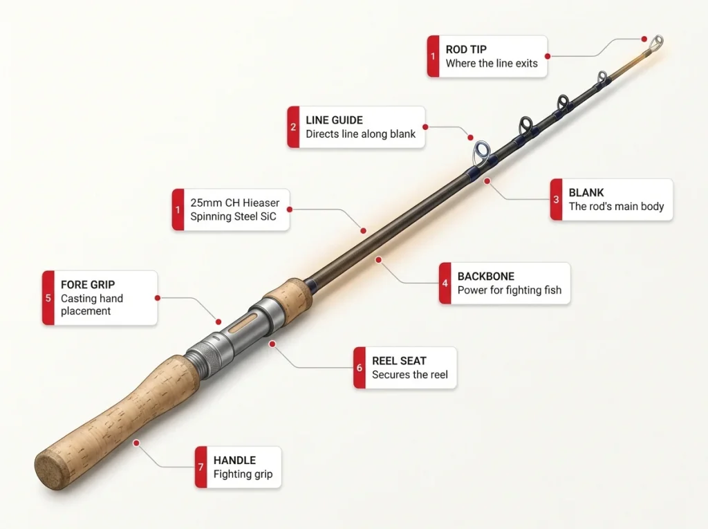 Infographic showing fishing rod parts with labeled guides, tip, blank, reel seat, and backbone section for beginners