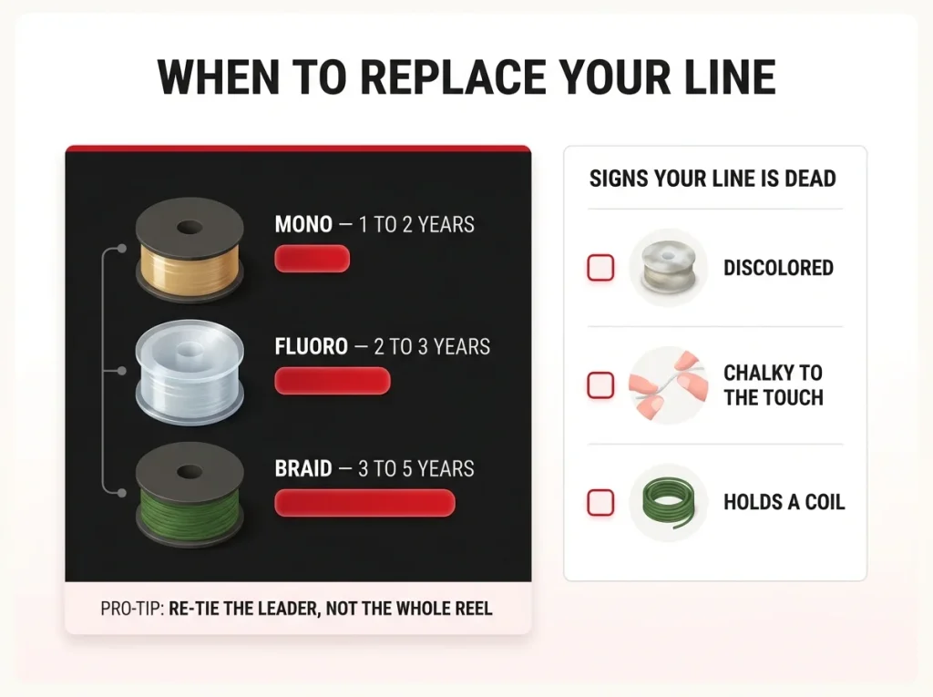 Infographic showing mono, fluoro and braid replacement cadence beside a checklist of dead-line signs: discolored, chalky, holds a coil