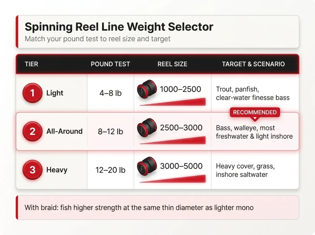 Line weight selector chart mapping pound test ranges to spinning reel sizes 1000–6000 and target species including bass, trout, and saltwater