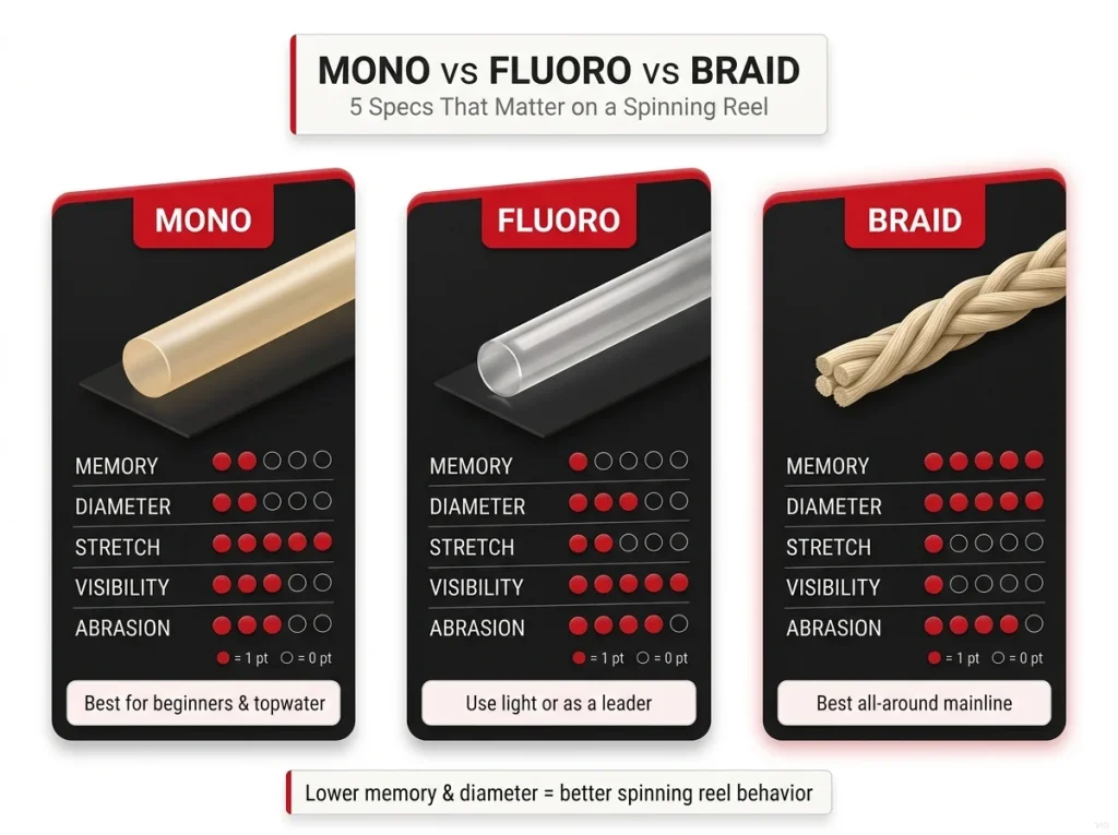 Comparison chart showing Mono vs Fluoro vs Braid scored on 5 spinning reel specs: memory, diameter, stretch, visibility, abrasion