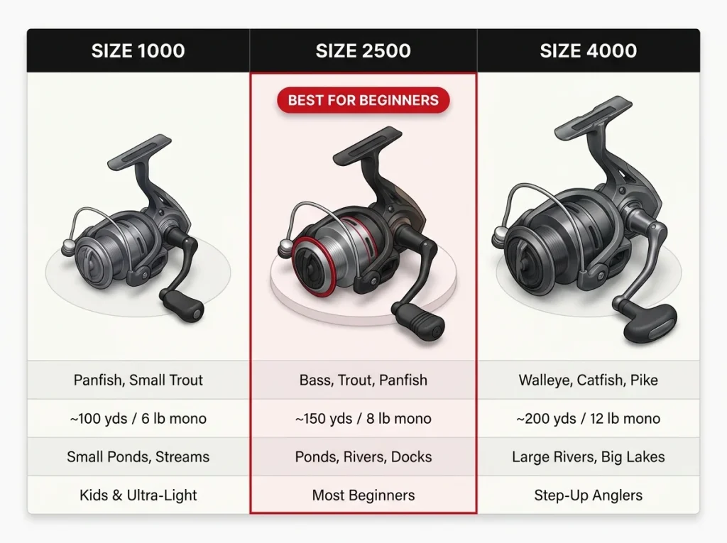 Infographic comparing spinning reel sizes 1000, 2500, and 4000 with target species, line capacity, and water type columns