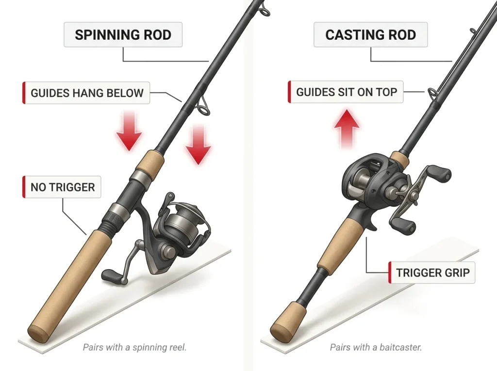 Labeled diagram comparing spinning rod guides hanging below the blank to casting rod guides on top with a trigger grip