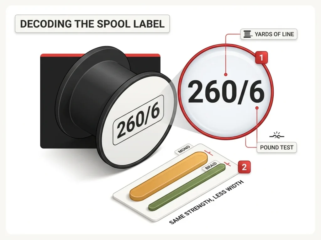 Annotated diagram decoding "260/6" spool label as yards over pound test with a mono vs braid diameter bar comparison