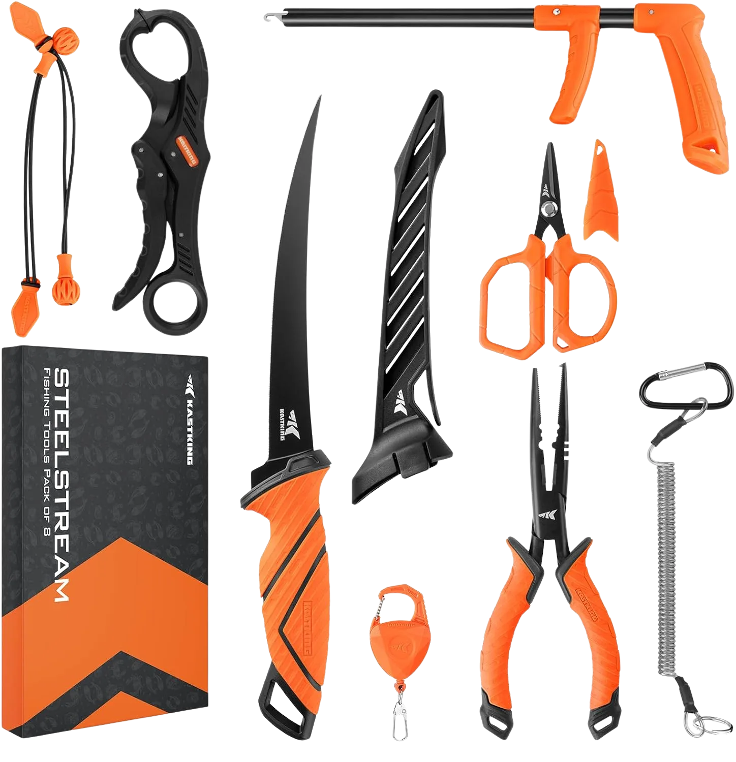 KastKing SteelStream 8-piece fishing tool kit with pliers, knife, shears and lip gripper