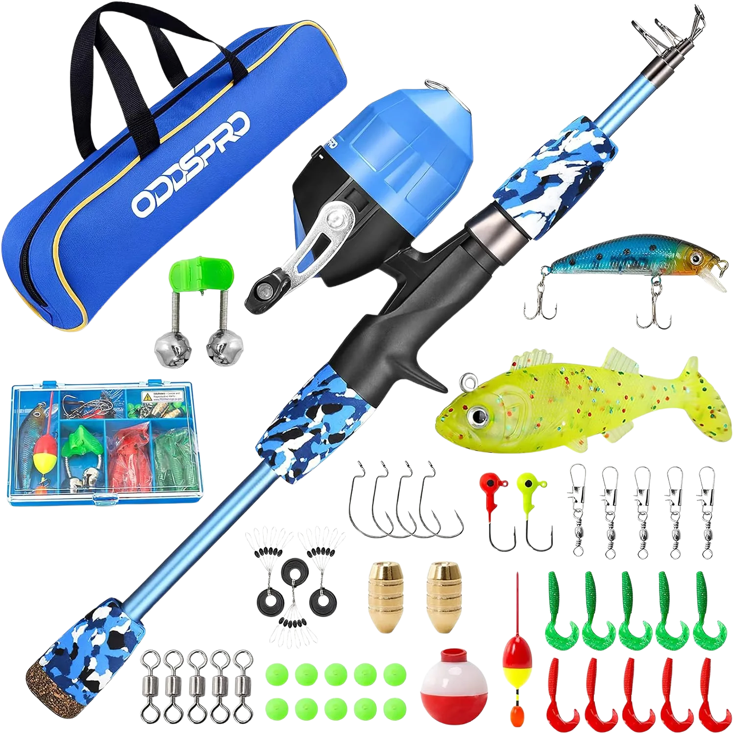 ODDSPRO kids fishing starter kit with a telescopic rod, full tackle, and a travel bag
