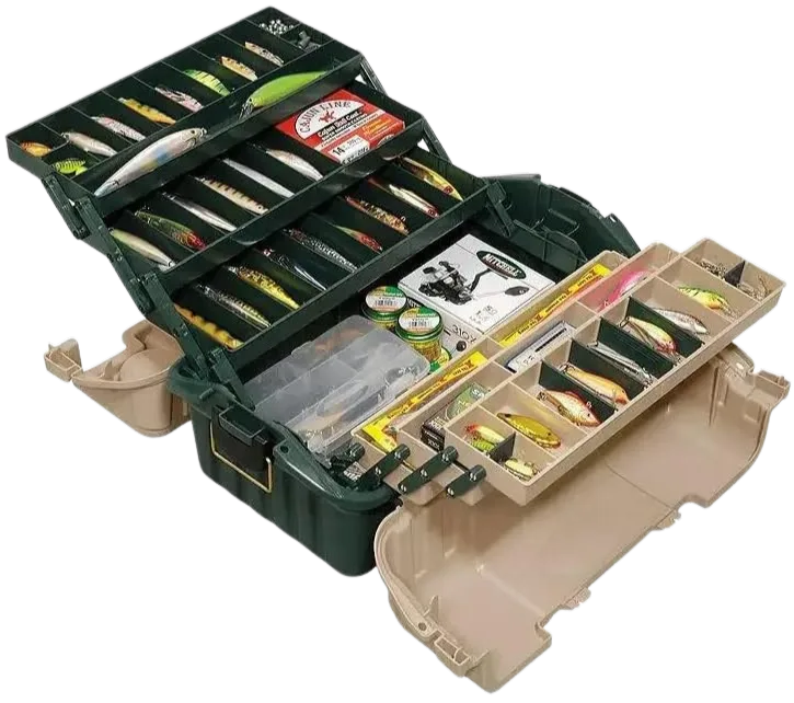 Plano Magnum hip-roof tackle box with six cantilever trays open