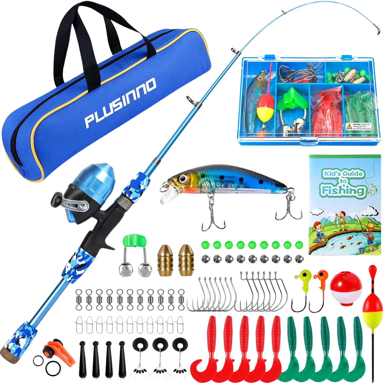 Plusinno kids fishing kit with a telescopic pre-spooled rod, a budget complete starter set