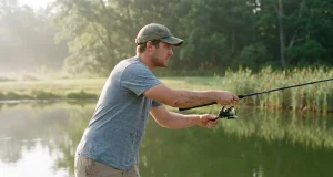 Why Your First Fishing Setup Needs Just One Combo Beginner casting a spinning rod-and-reel combo from a pond dock — a complete first fishing setup in use