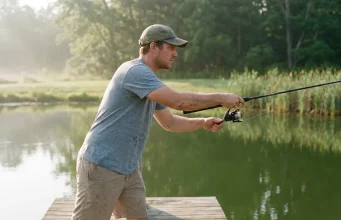 Why Your First Fishing Setup Needs Just One Combo Beginner casting a spinning rod-and-reel combo from a pond dock — a complete first fishing setup in use