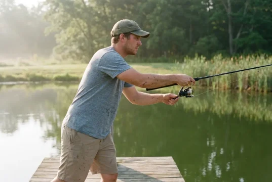 Why Your First Fishing Setup Needs Just One Combo Beginner casting a spinning rod-and-reel combo from a pond dock — a complete first fishing setup in use
