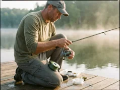 Best Fishing Line for Spinning Reels Without Wind Knots Angler on a lake at dawn holding a spinning reel freshly spooled with braided fishing line