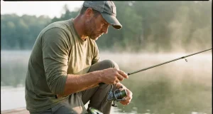 Best Fishing Line for Spinning Reels Without Wind Knots Angler on a lake at dawn holding a spinning reel freshly spooled with braided fishing line