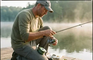 Best Fishing Line for Spinning Reels Without Wind Knots Angler on a lake at dawn holding a spinning reel freshly spooled with braided fishing line