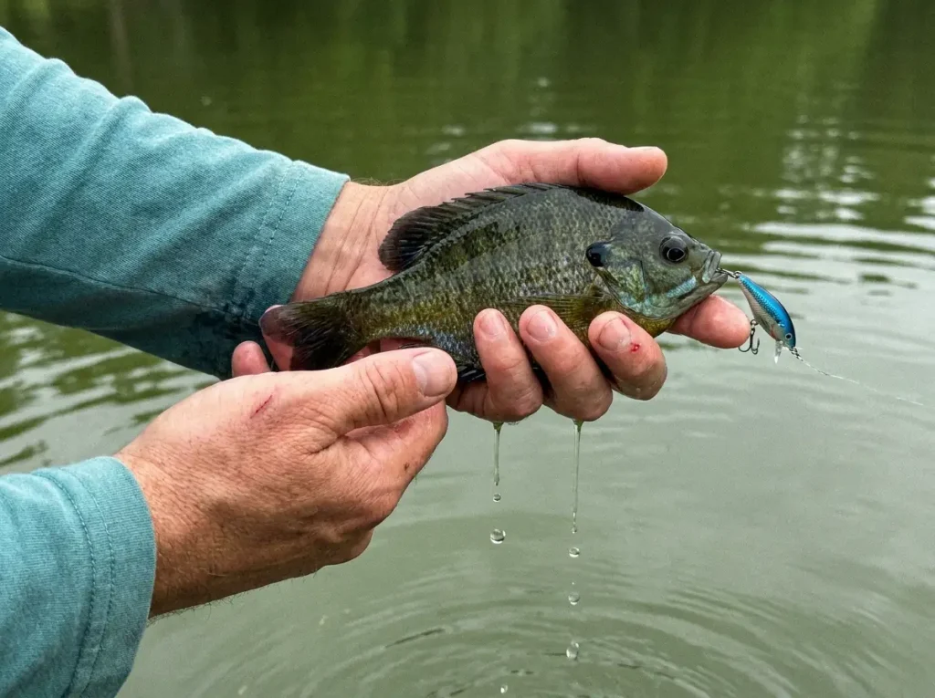 Wet hands cradling a small fish at the water for a clean release on a first fishing trip