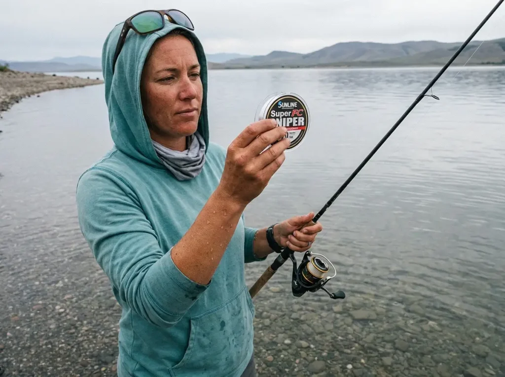 Angler choosing fluorocarbon line for finesse fishing on clear shallow water at an overcast lake
