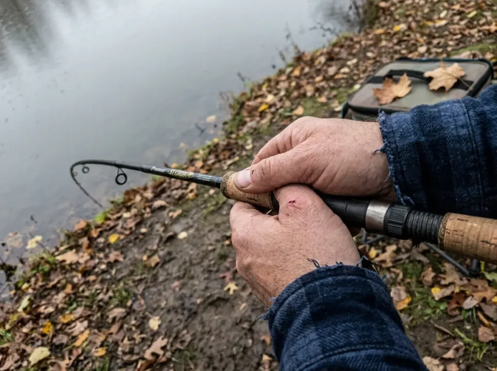 Hands flexing a spinning rod to check its action when choosing a beginner fishing setup
