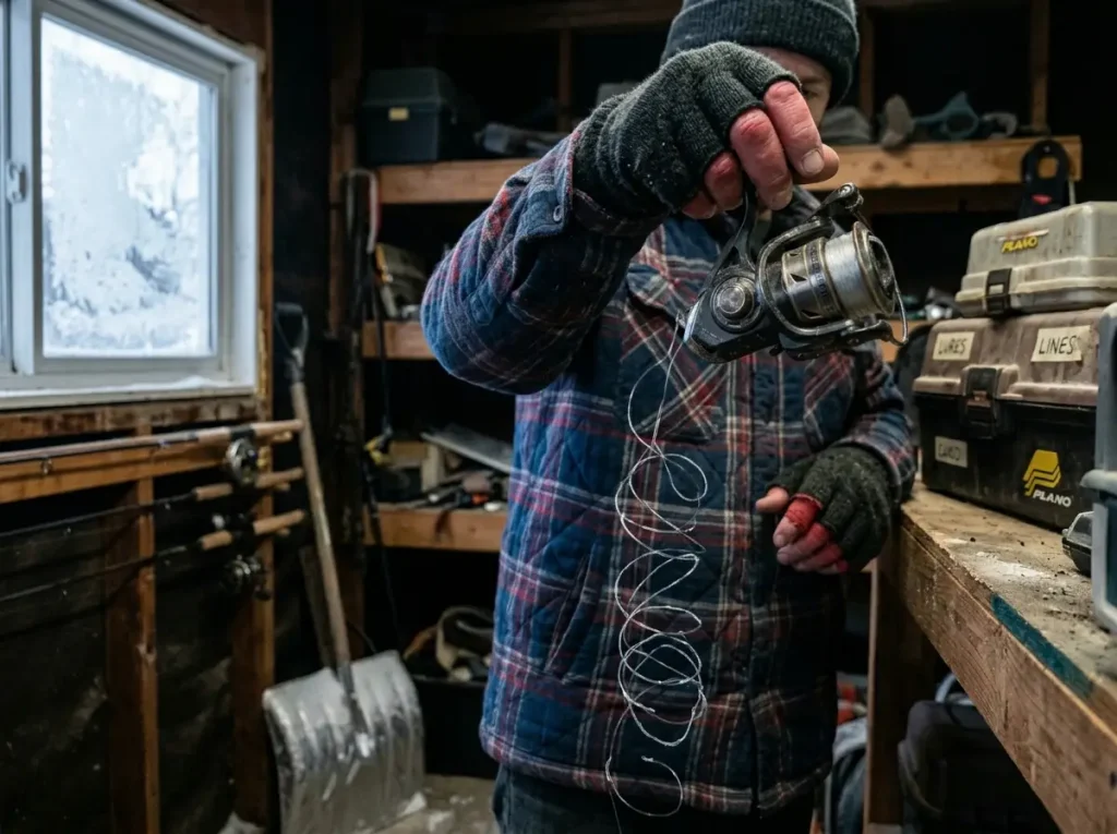 Reel pulled from a garage shelf in winter with line coiled into a slinky from off-season storage