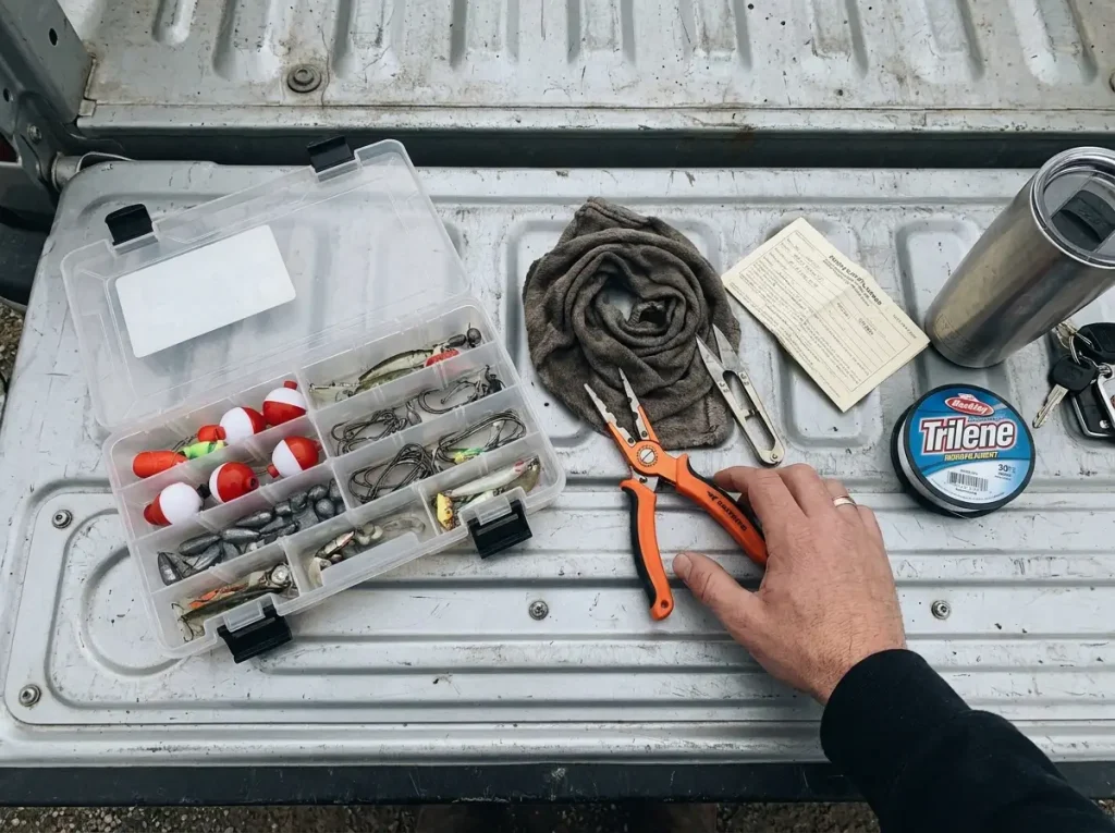 Pliers, tackle box and license laid out — the first-trip checklist for a beginner fishing setup