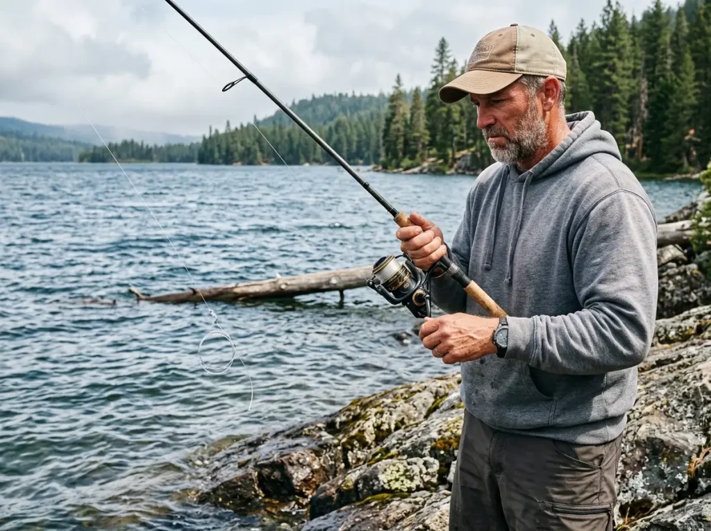 Angler reeling in slack fishing line with a broken curl after losing a fish along a rocky shoreline
