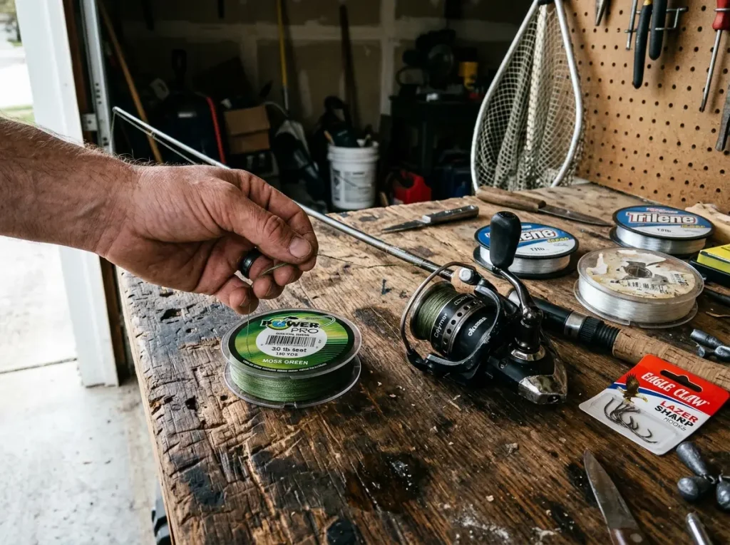 Honest budget fishing line setup with a value braid spool and spinning reel on a wooden tackle bench