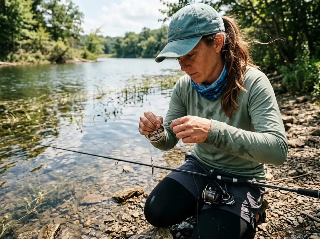 Angler kneeling by clear water choosing and rigging the right fishing line for the conditions